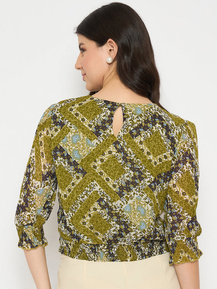 Madame Geometric Print Cinch Waist Green Top