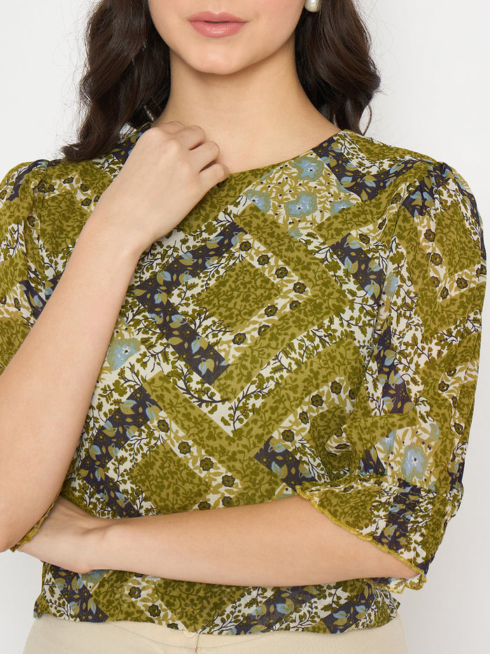 Madame Geometric Print Cinch Waist Green Top