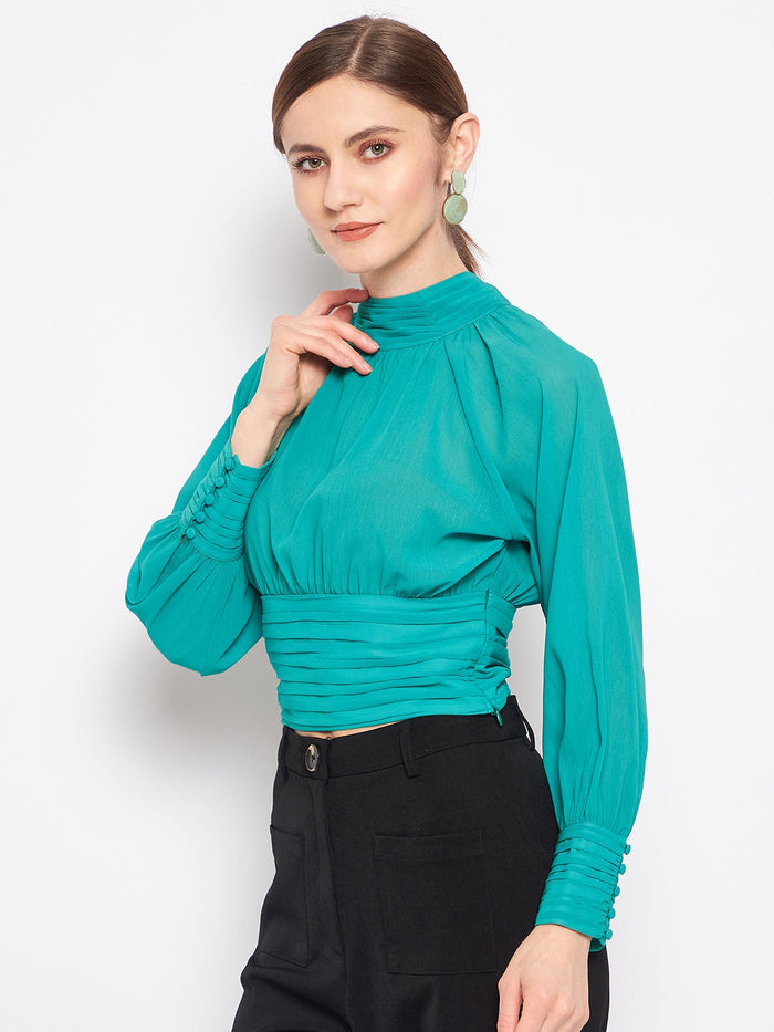 Madame Green High-Neck Pleated Balloon Top