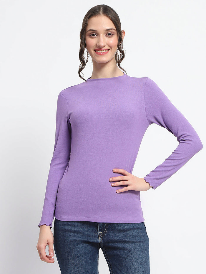 Madame High Neck Full Sleeve Solid Purple Top
