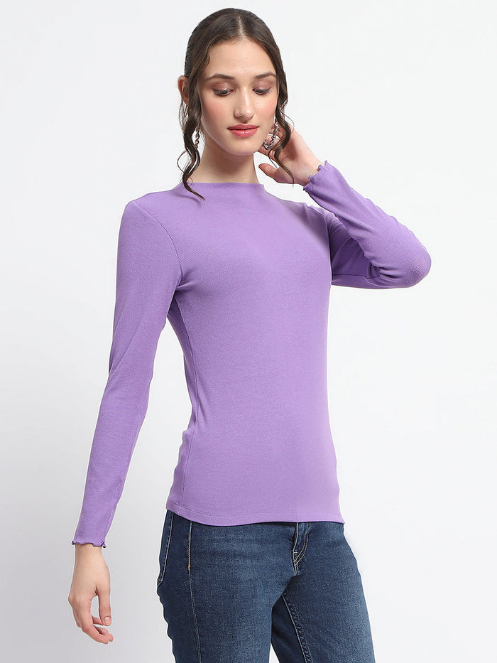 Madame High Neck Full Sleeve Solid Purple Top