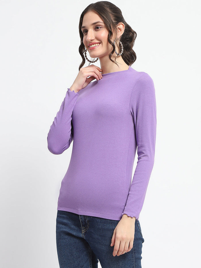 Madame High Neck Full Sleeve Solid Purple Top