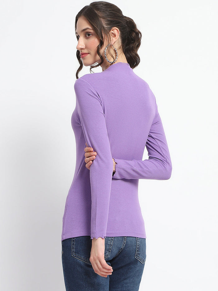 Madame High Neck Full Sleeve Solid Purple Top