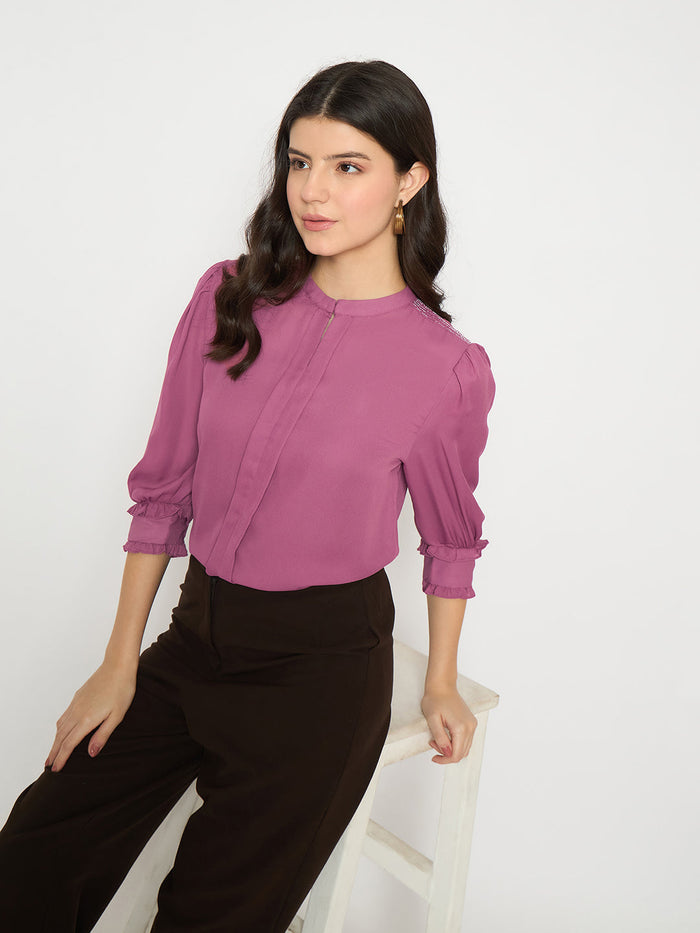 Madame Keyhole Neck Puff Sleeve Fuschia Top