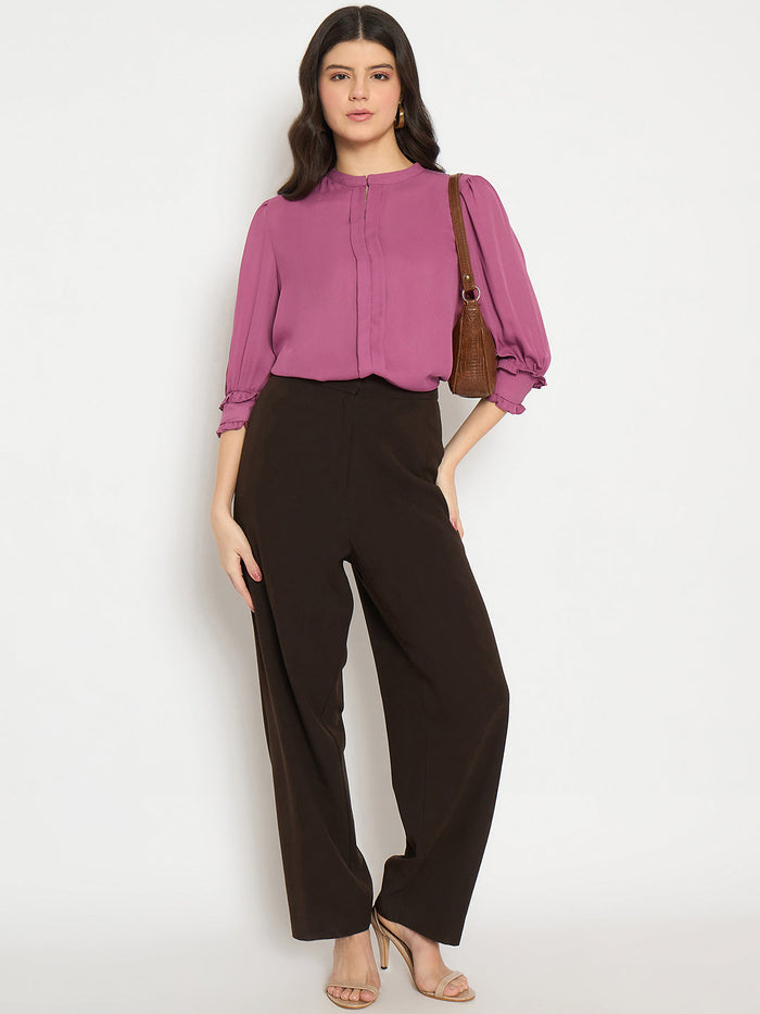 Madame Keyhole Neck Puff Sleeve Fuschia Top
