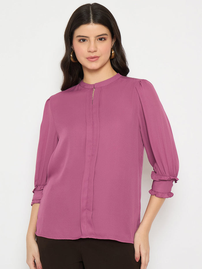 Madame Keyhole Neck Puff Sleeve Fuschia Top