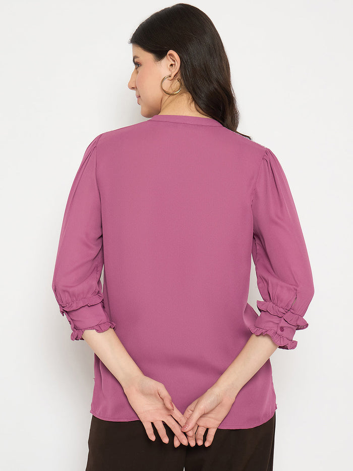Madame Keyhole Neck Puff Sleeve Fuschia Top