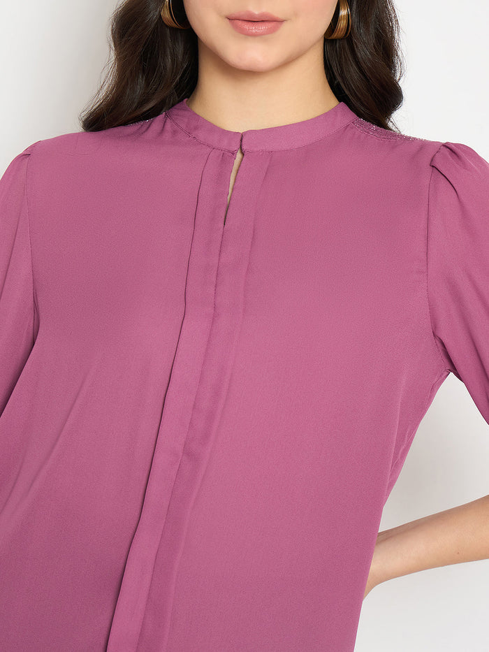 Madame Keyhole Neck Puff Sleeve Fuschia Top