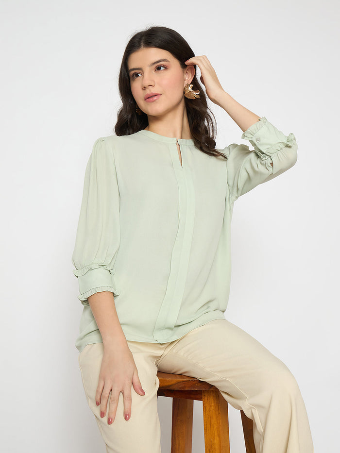 Madame Keyhole Neck Puff Sleeve Mint Green Top