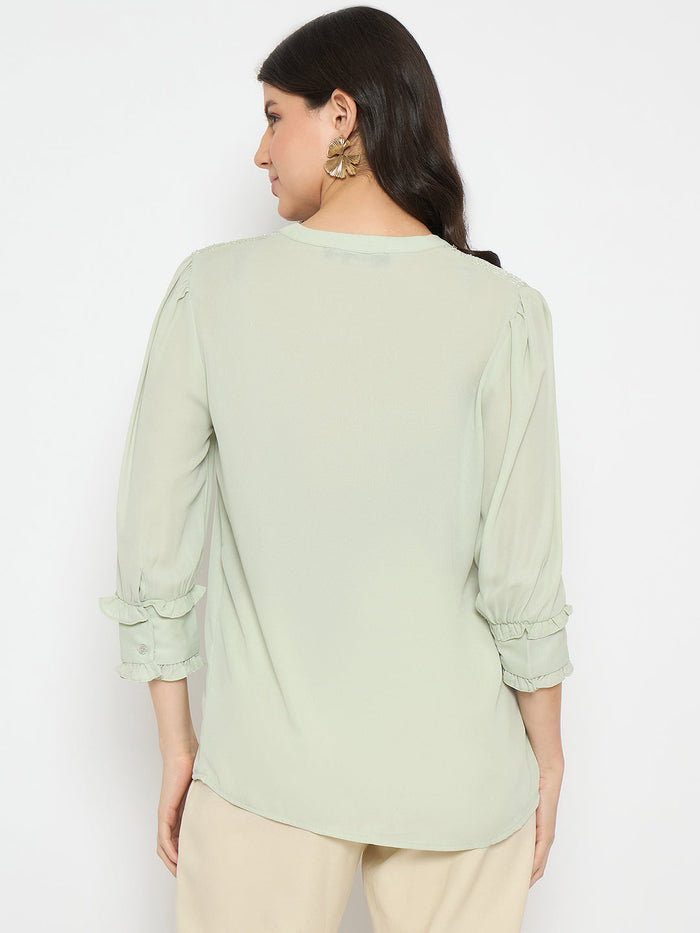 Madame Keyhole Neck Puff Sleeve Mint Green Top
