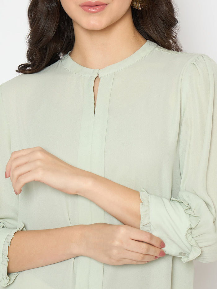 Madame Keyhole Neck Puff Sleeve Mint Green Top