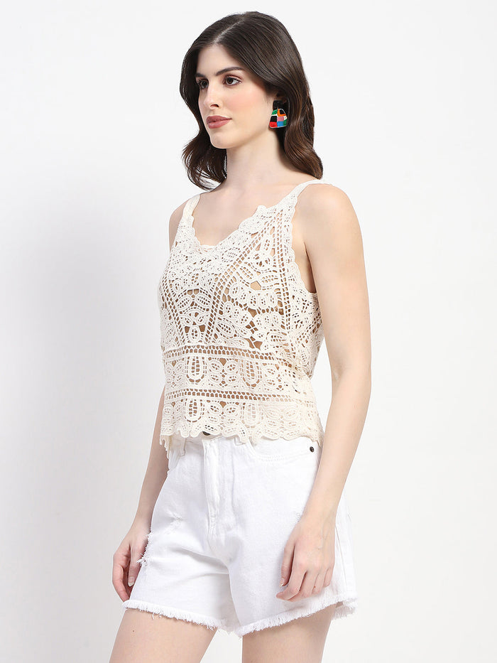 Madame Lace Detailed White Cotton Cami Crop Top