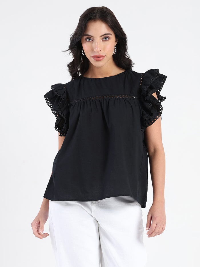 Madame Lace Inserted Black Cotton Top
