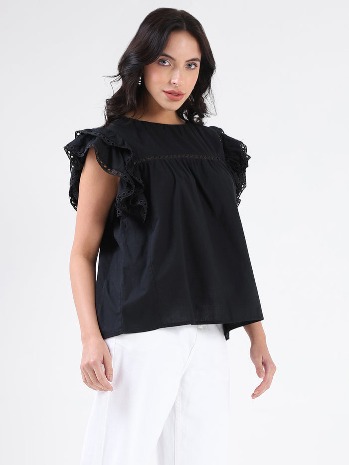 Madame Lace Inserted Black Cotton Top