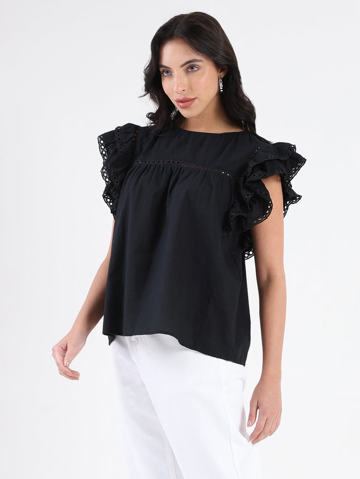 Madame Lace Inserted Black Cotton Top