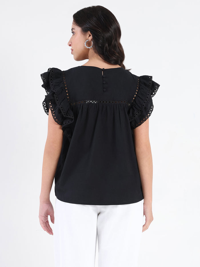 Madame Lace Inserted Black Cotton Top