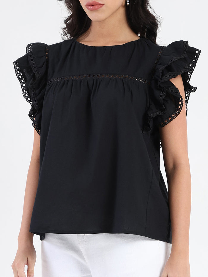Madame Lace Inserted Black Cotton Top
