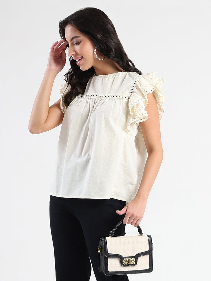 Madame Lace Inserted Off White Cotton Top