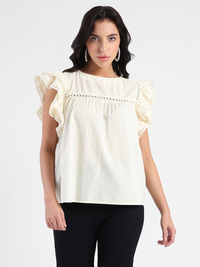 Madame Lace Inserted Off White Cotton Top