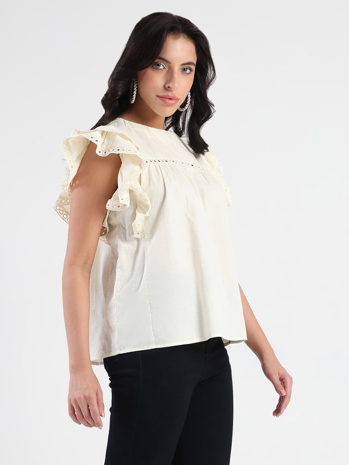 Madame Lace Inserted Off White Cotton Top