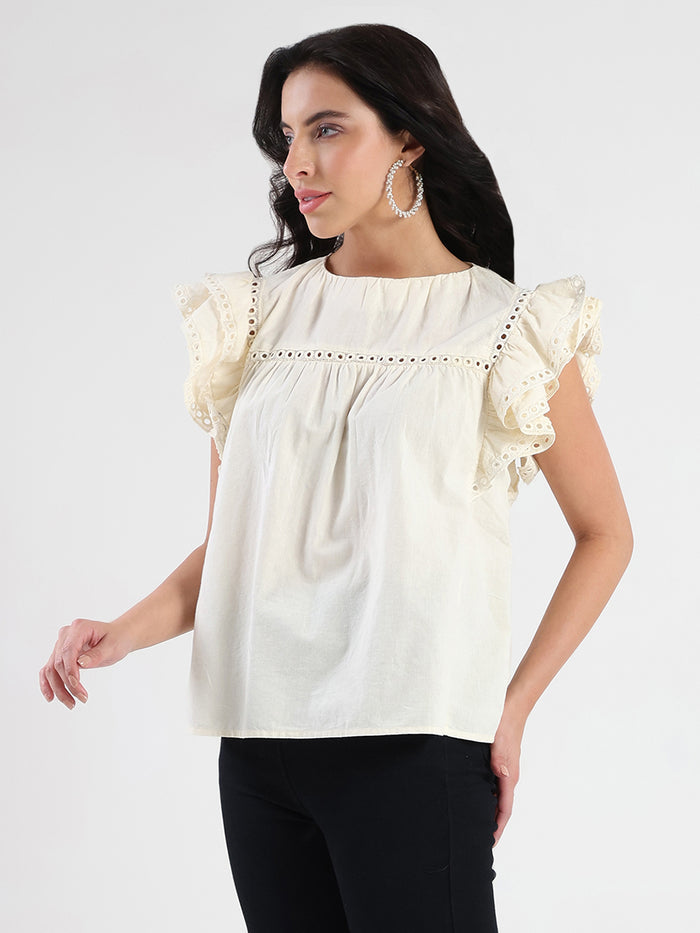 Madame Lace Inserted Off White Cotton Top