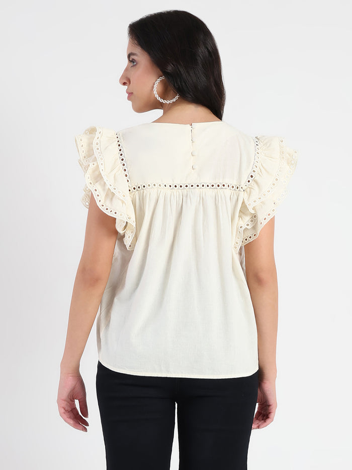 Madame Lace Inserted Off White Cotton Top