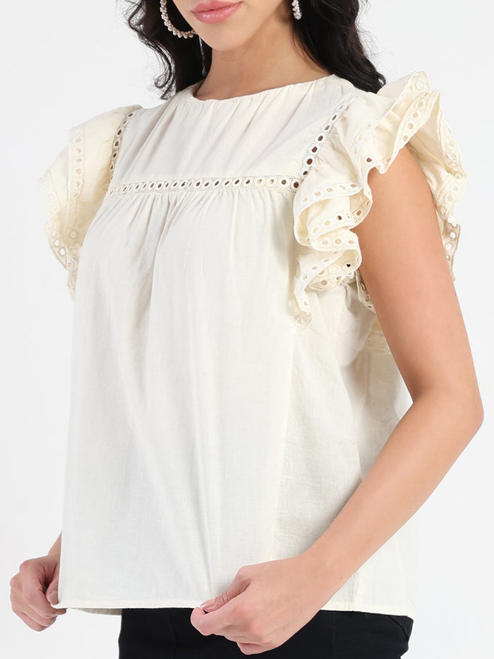 Madame Lace Inserted Off White Cotton Top