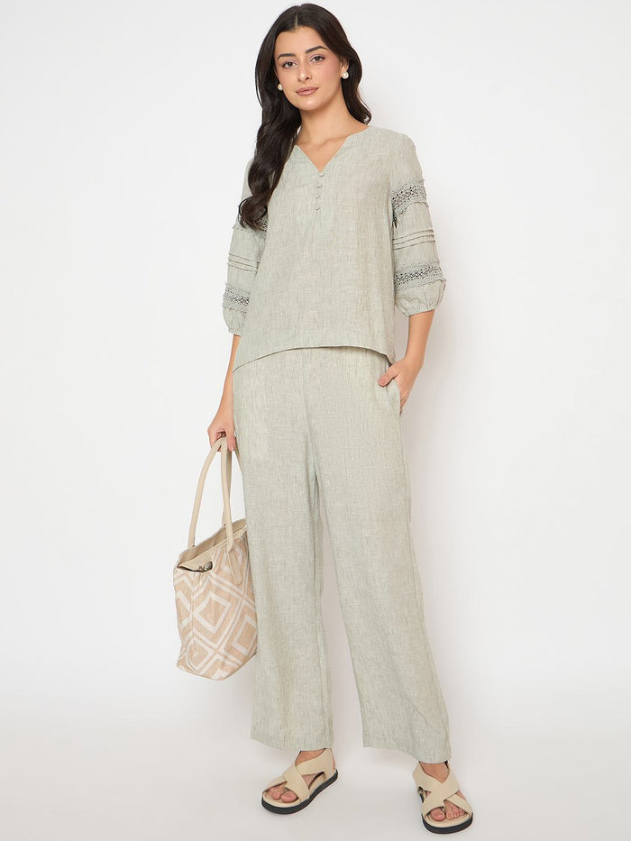 Madame Lace Inserted Top and Bottom Green Co-ord Set