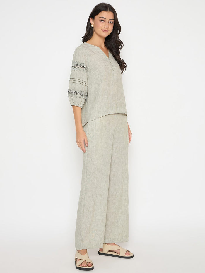 Madame Lace Inserted Top and Bottom Green Co-ord Set
