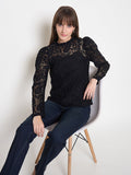 Madame Laced Self Design Puff Sleeve Black Top