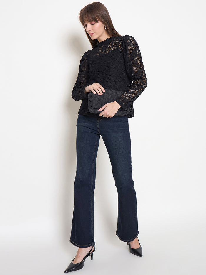 Madame Laced Self Design Puff Sleeve Black Top