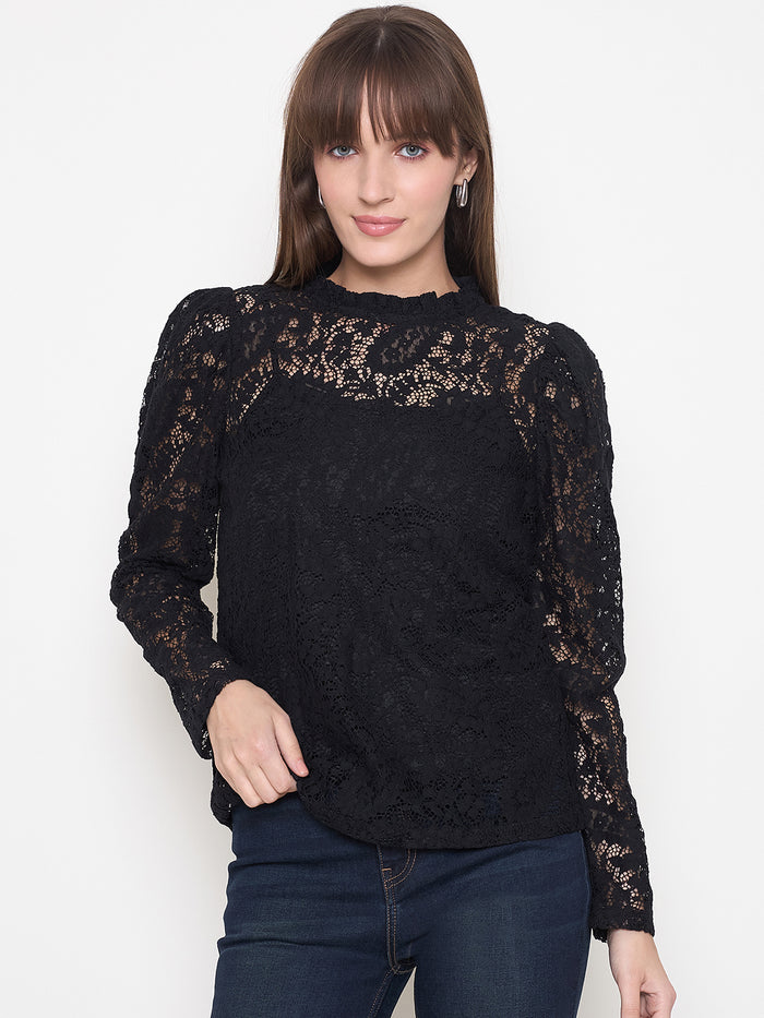 Madame Laced Self Design Puff Sleeve Black Top