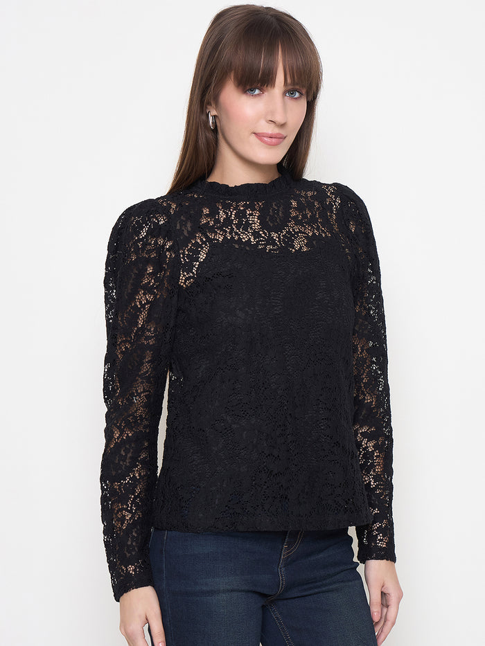 Madame Laced Self Design Puff Sleeve Black Top
