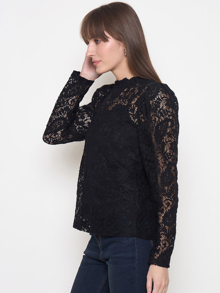 Madame Laced Self Design Puff Sleeve Black Top