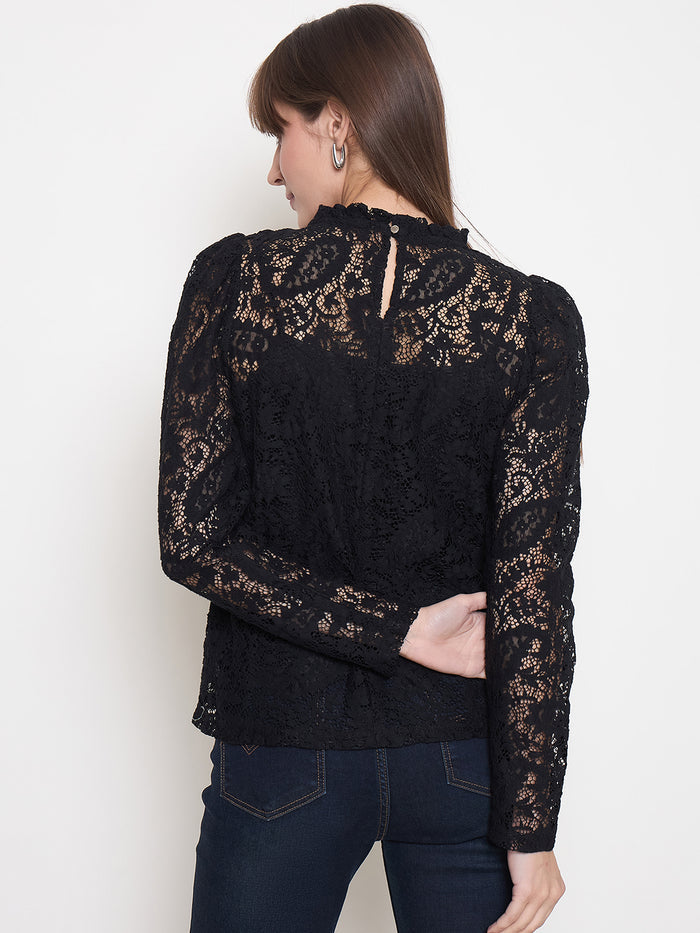Madame Laced Self Design Puff Sleeve Black Top