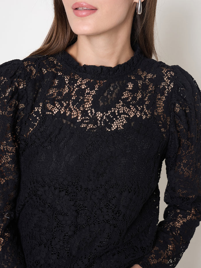 Madame Laced Self Design Puff Sleeve Black Top