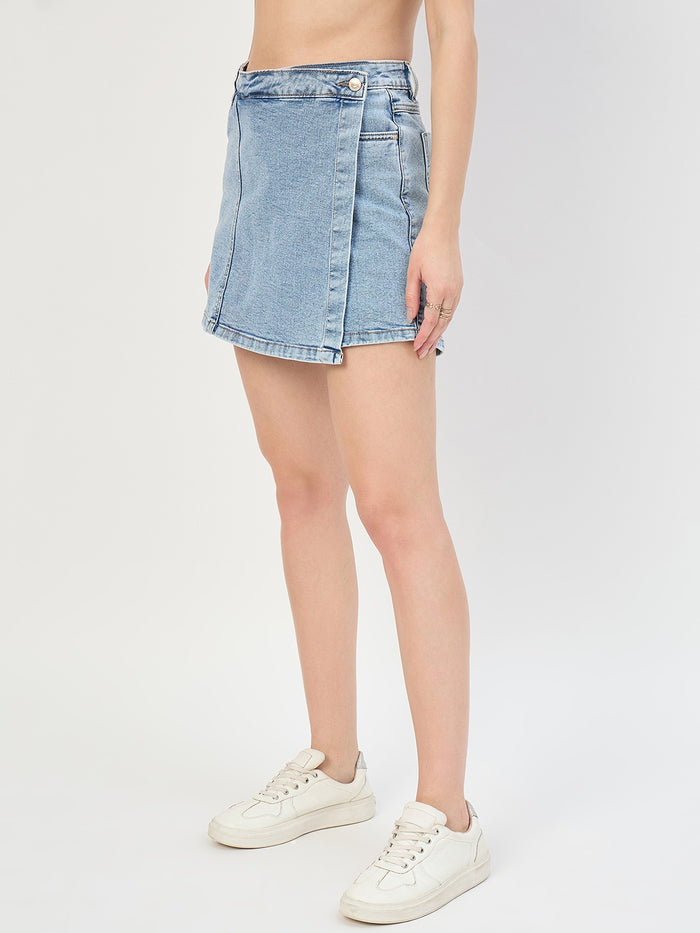 Madame Light Blue Cotton Wrap Mini Denim Skirt