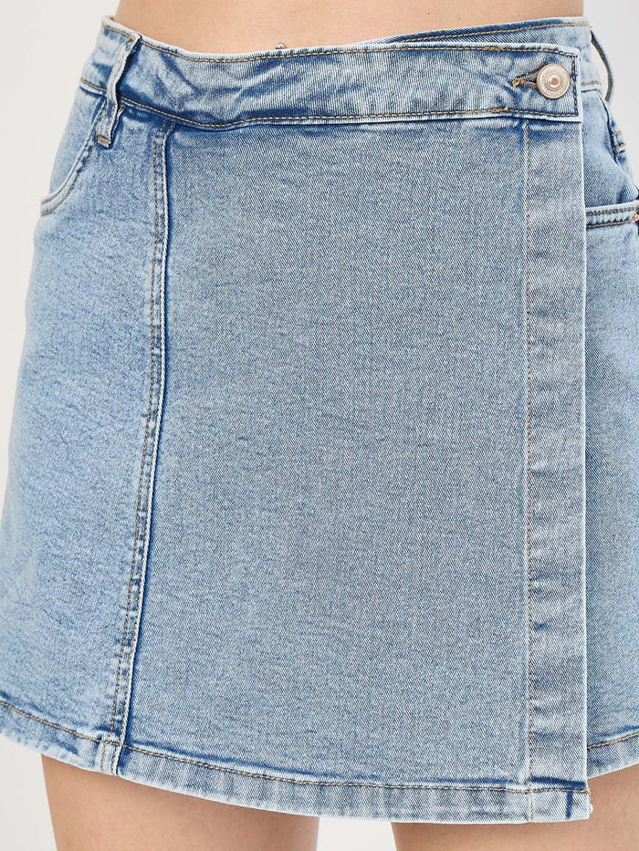 Madame Light Blue Cotton Wrap Mini Denim Skirt