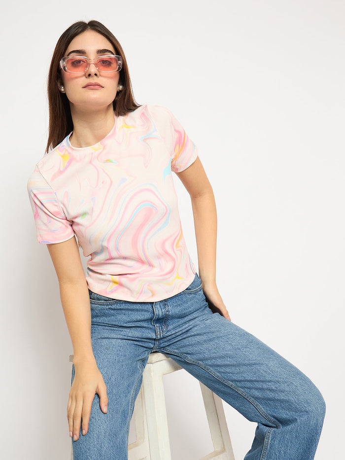 Madame Marble Print Crew Neck White Top