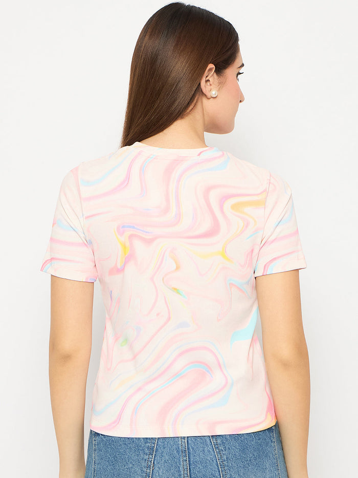 Madame Marble Print Crew Neck White Top