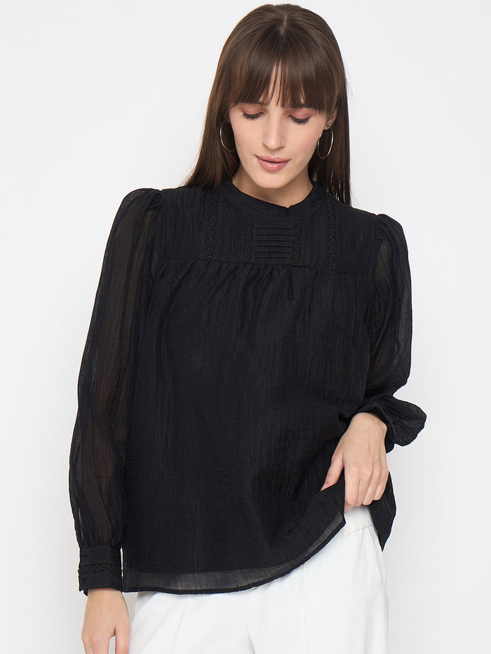 Madame Nylon Blend Pleat Detailed Black Top