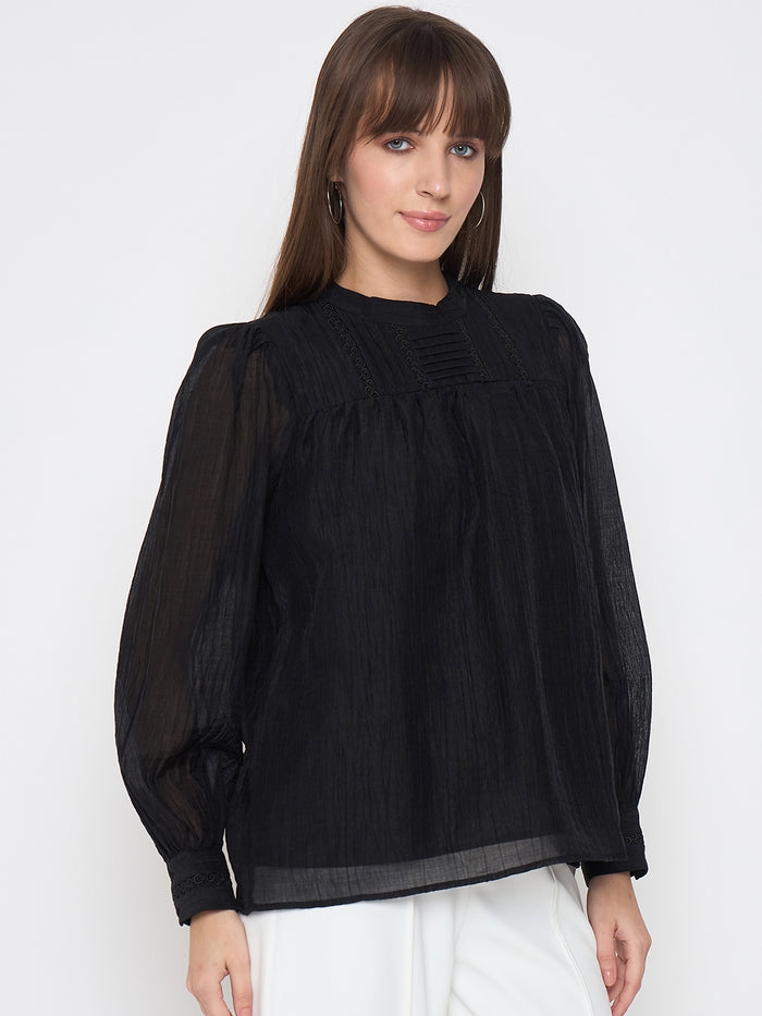Madame Nylon Blend Pleat Detailed Black Top