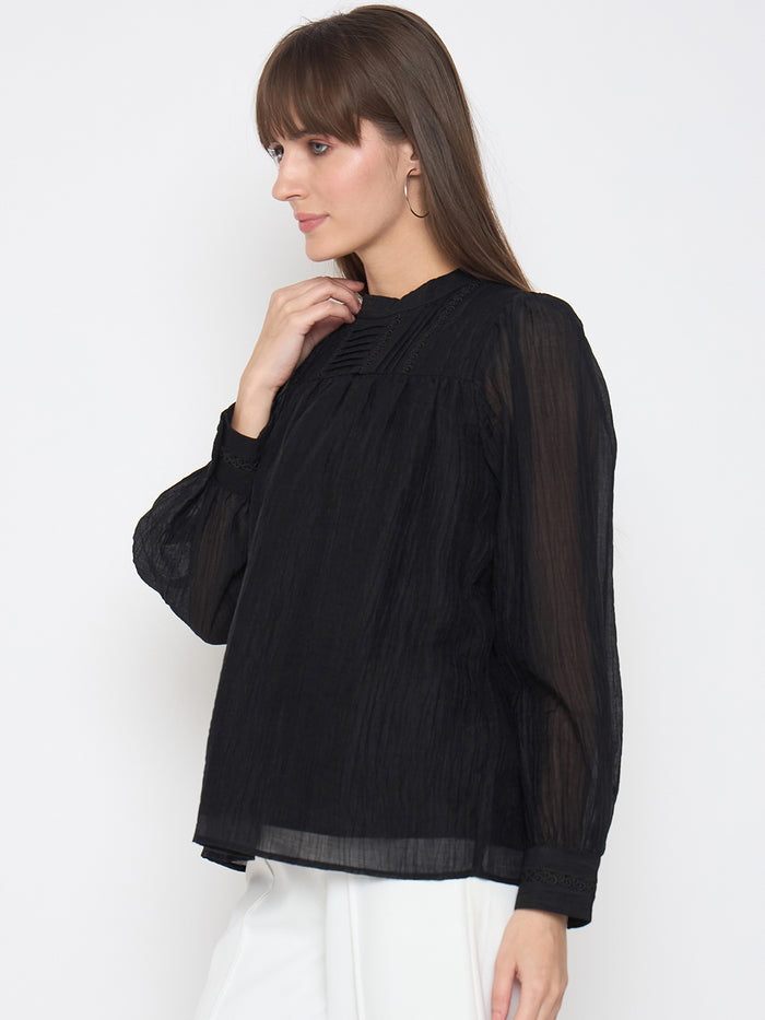 Madame Nylon Blend Pleat Detailed Black Top