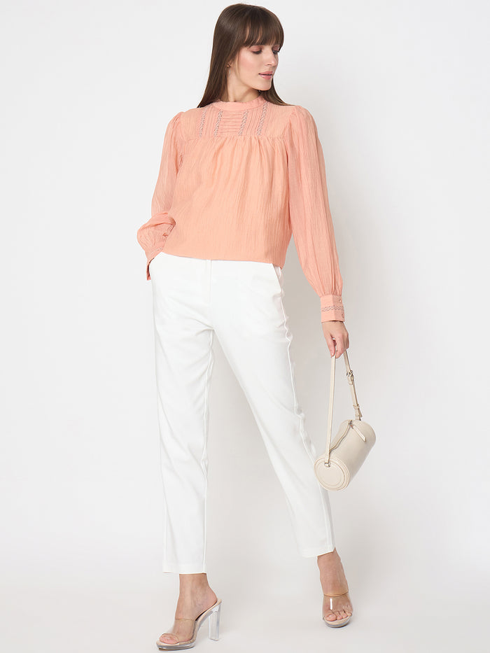 Madame Nylon Blend Pleat Detailed Peach Top