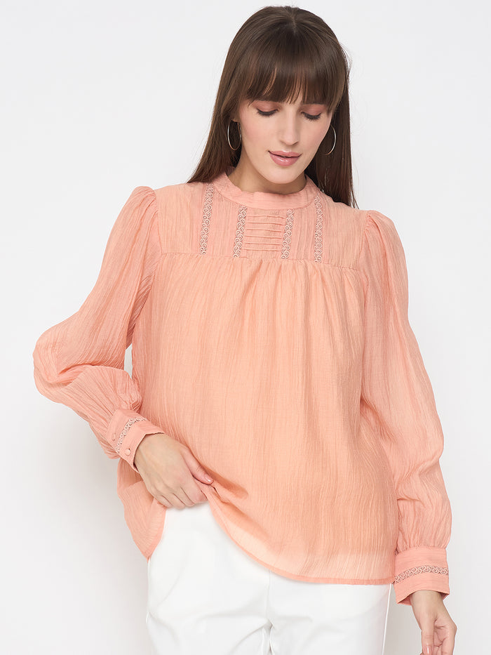 Madame Nylon Blend Pleat Detailed Peach Top