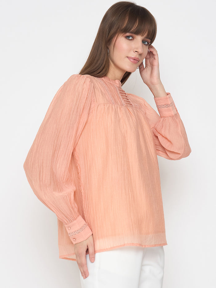 Madame Nylon Blend Pleat Detailed Peach Top