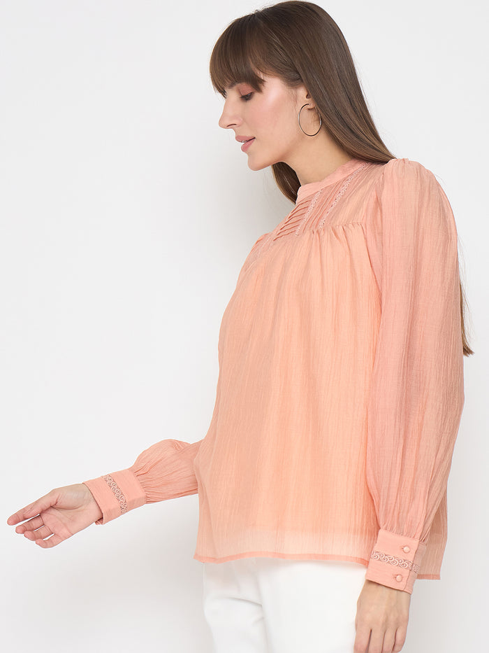 Madame Nylon Blend Pleat Detailed Peach Top