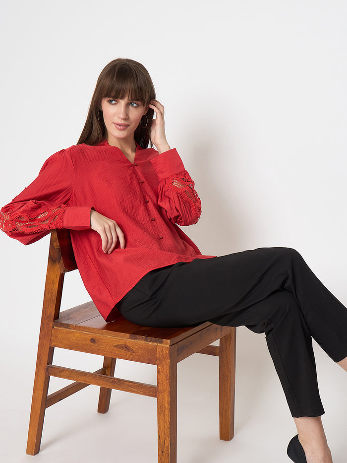 Madame Nylon Buttoned and Patched Red Top