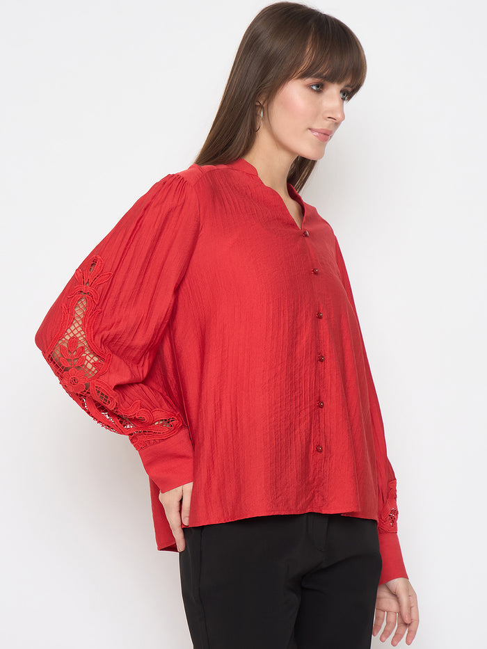 Madame Nylon Buttoned and Patched Red Top