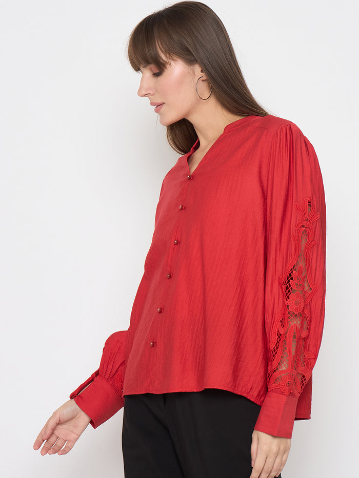 Madame Nylon Buttoned and Patched Red Top